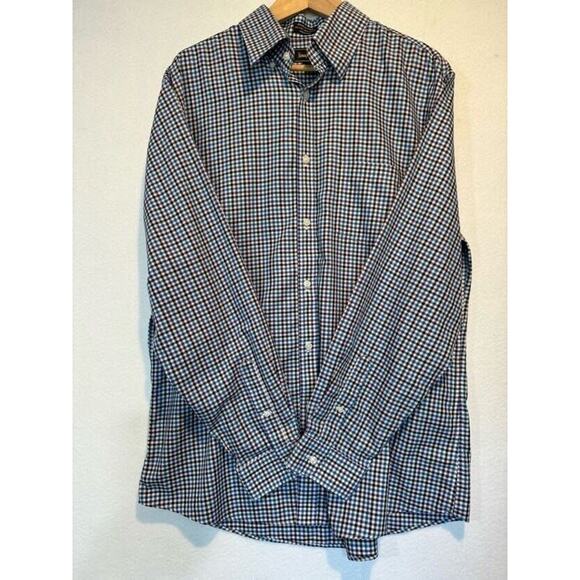 Neiman Marcus Mens Large Plaid Trim Fit Button Up Shirt Black White Purple Blue - Picture 11 of 12